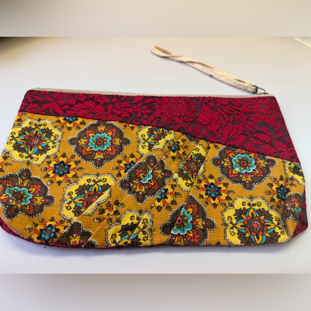 Preloved Red Mustard Upcycled Mixed Print Clutch Bag OS boho dark romance